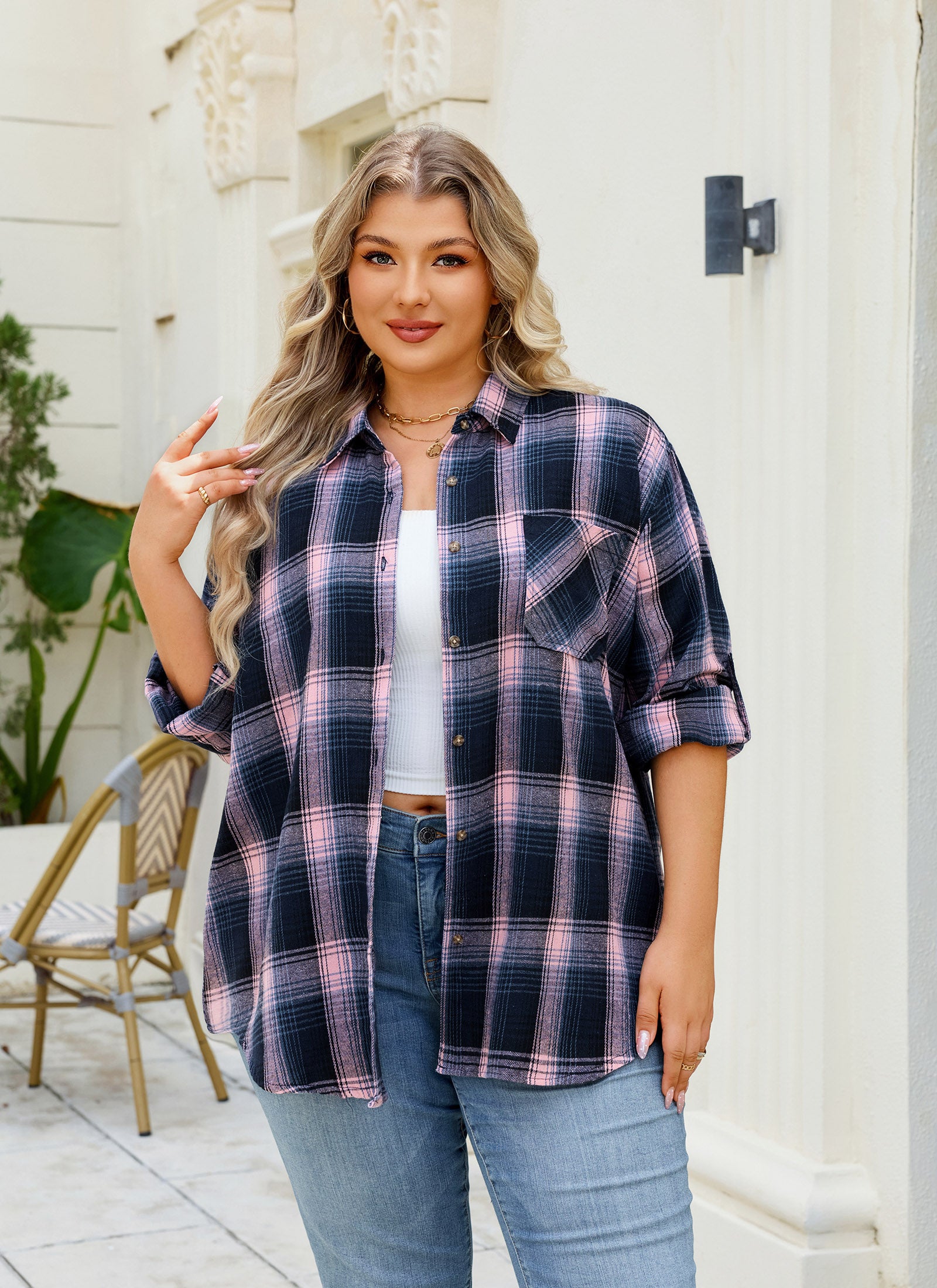 Womens Plus Size Flannel Shirts Long Sleeve Button Down Plaid Shirt Roll Up Oversize Checkered Blouse Top Fall