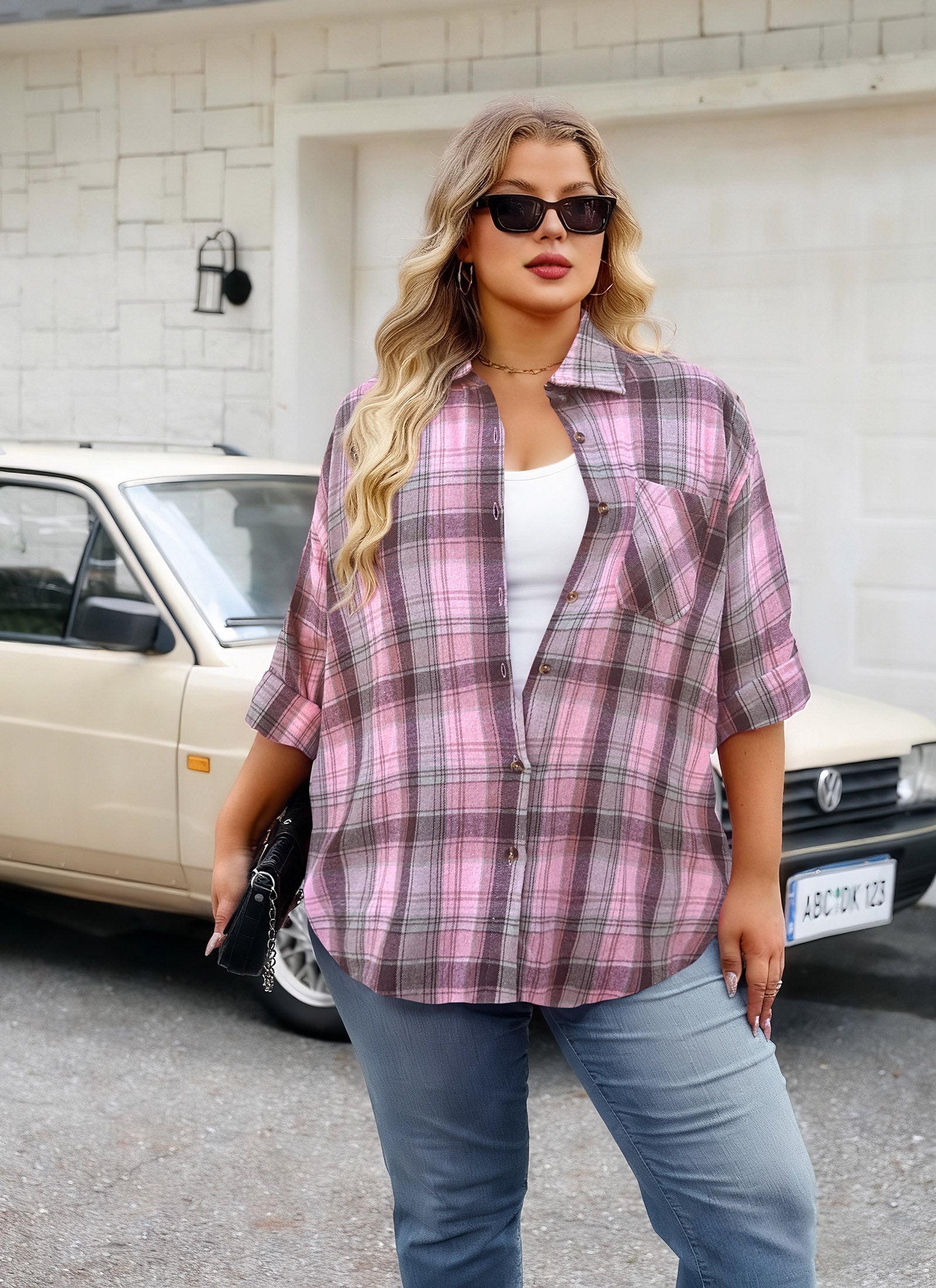 Womens Plus Size Flannel Shirts Long Sleeve Button Down Plaid Shirt Roll Up Oversize Checkered Blouse Top Fall