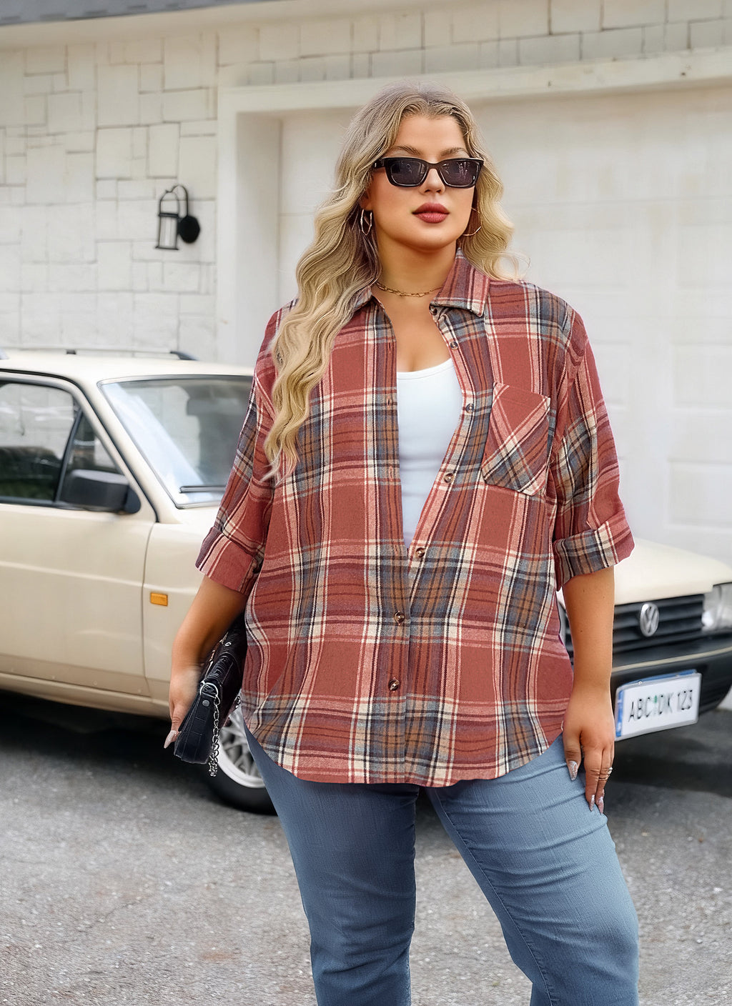 Womens Plus Size Flannel Shirts Long Sleeve Button Down Plaid Shirt Roll Up Oversize Checkered Blouse Top Fall
