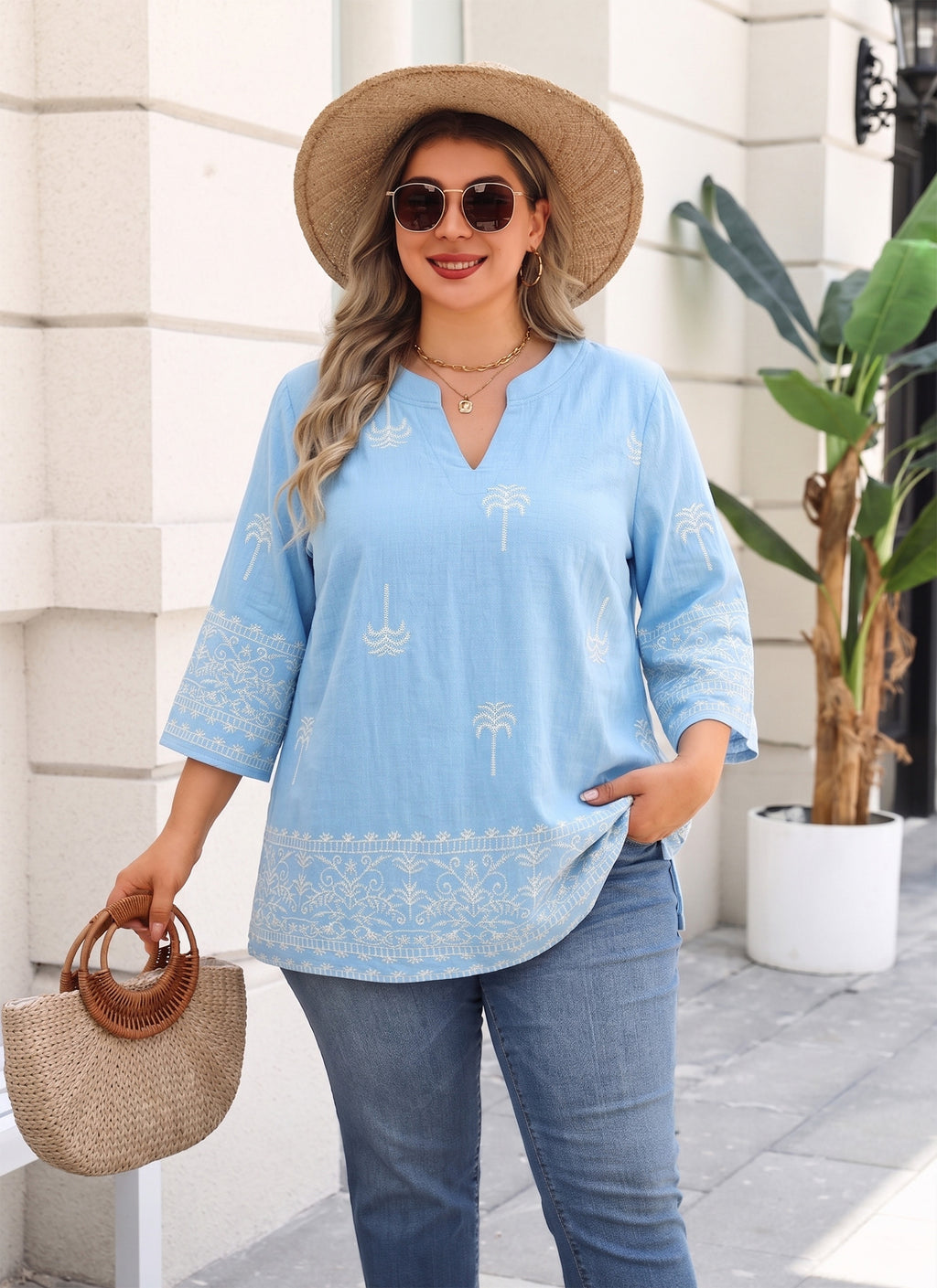 Plus Size Tops 3/4 Sleeve Boho Blouses Dressy Casual V Neck Tunic Loose Fit Floral Peasant Shirts