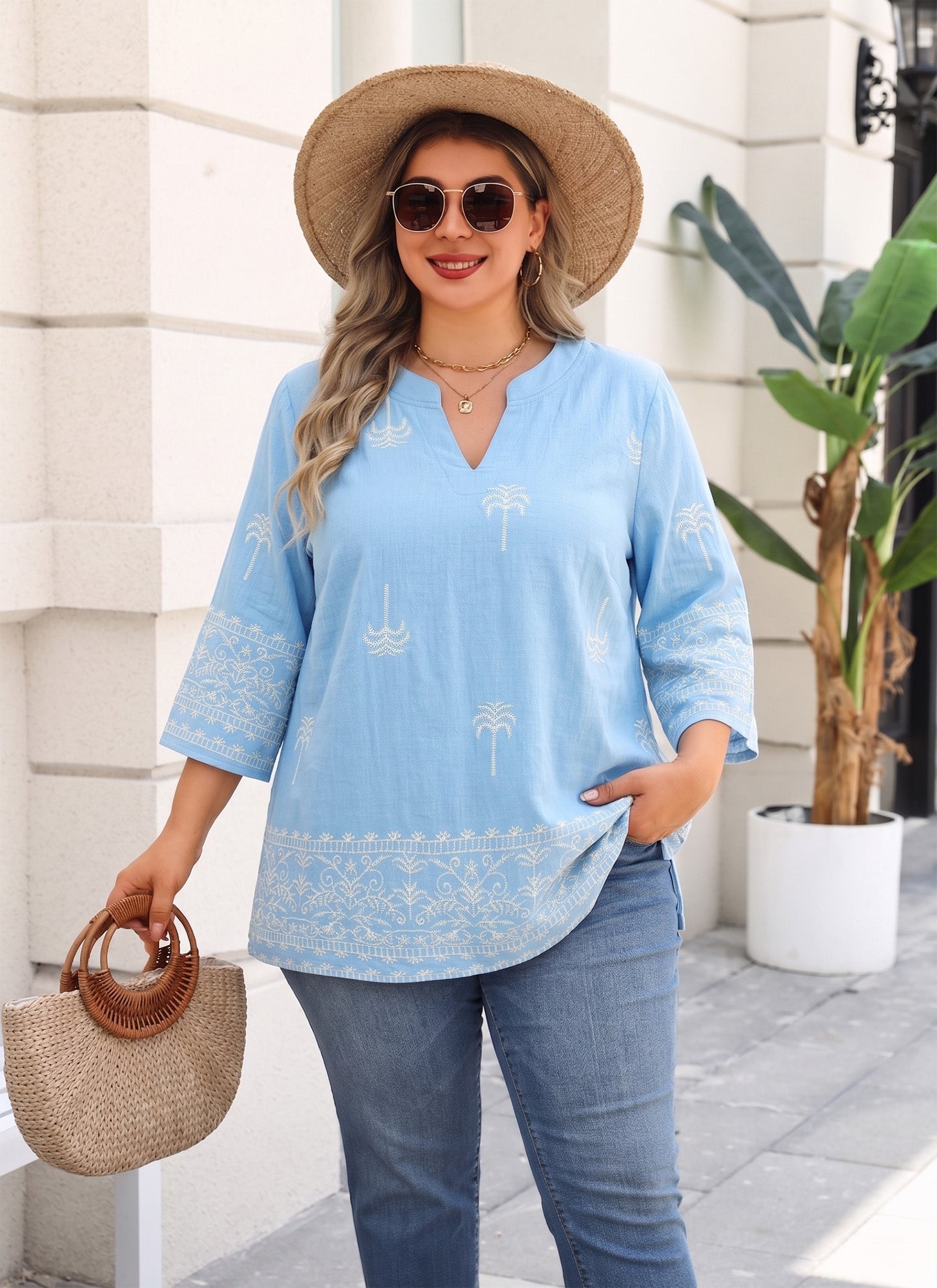 Plus Size Tops 3/4 Sleeve Boho Blouses Dressy Casual V Neck Tunic Loose Fit Floral Peasant Shirts