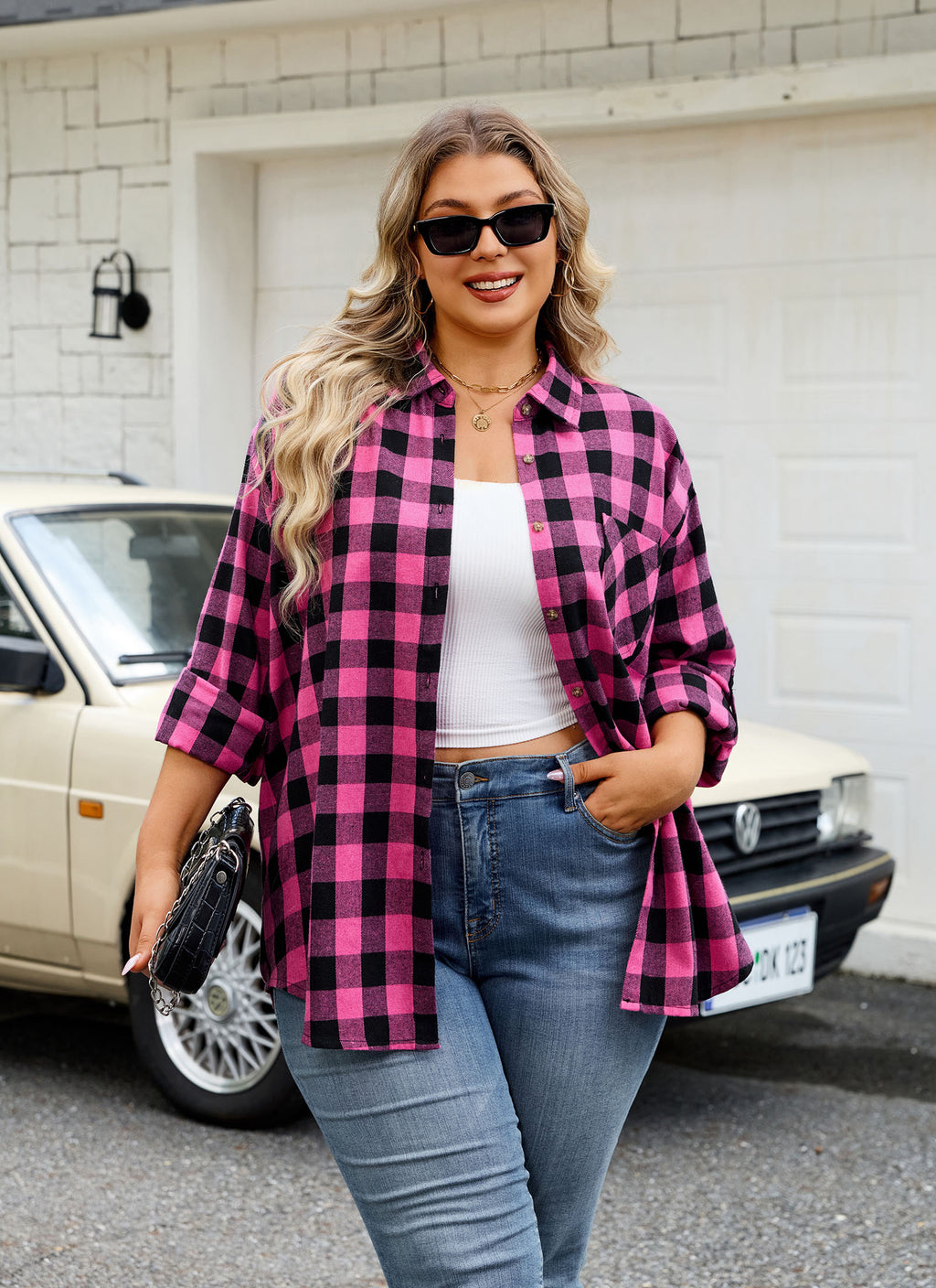 Womens Plus Size Flannel Shirts Long Sleeve Button Down Plaid Shirt Roll Up Oversize Checkered Blouse Top Fall