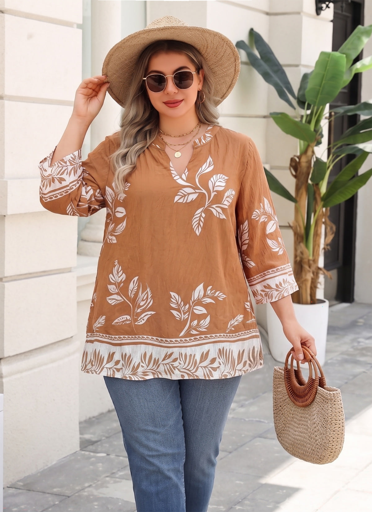 Plus Size Tops 3/4 Sleeve Boho Blouses Dressy Casual V Neck Tunic Loose Fit Floral Peasant Shirts