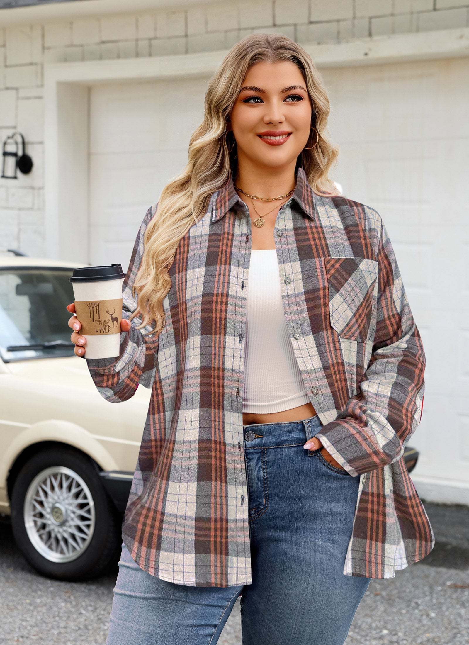 Womens Plus Size Flannel Shirts Long Sleeve Button Down Plaid Shirt Roll Up Oversize Checkered Blouse Top Fall