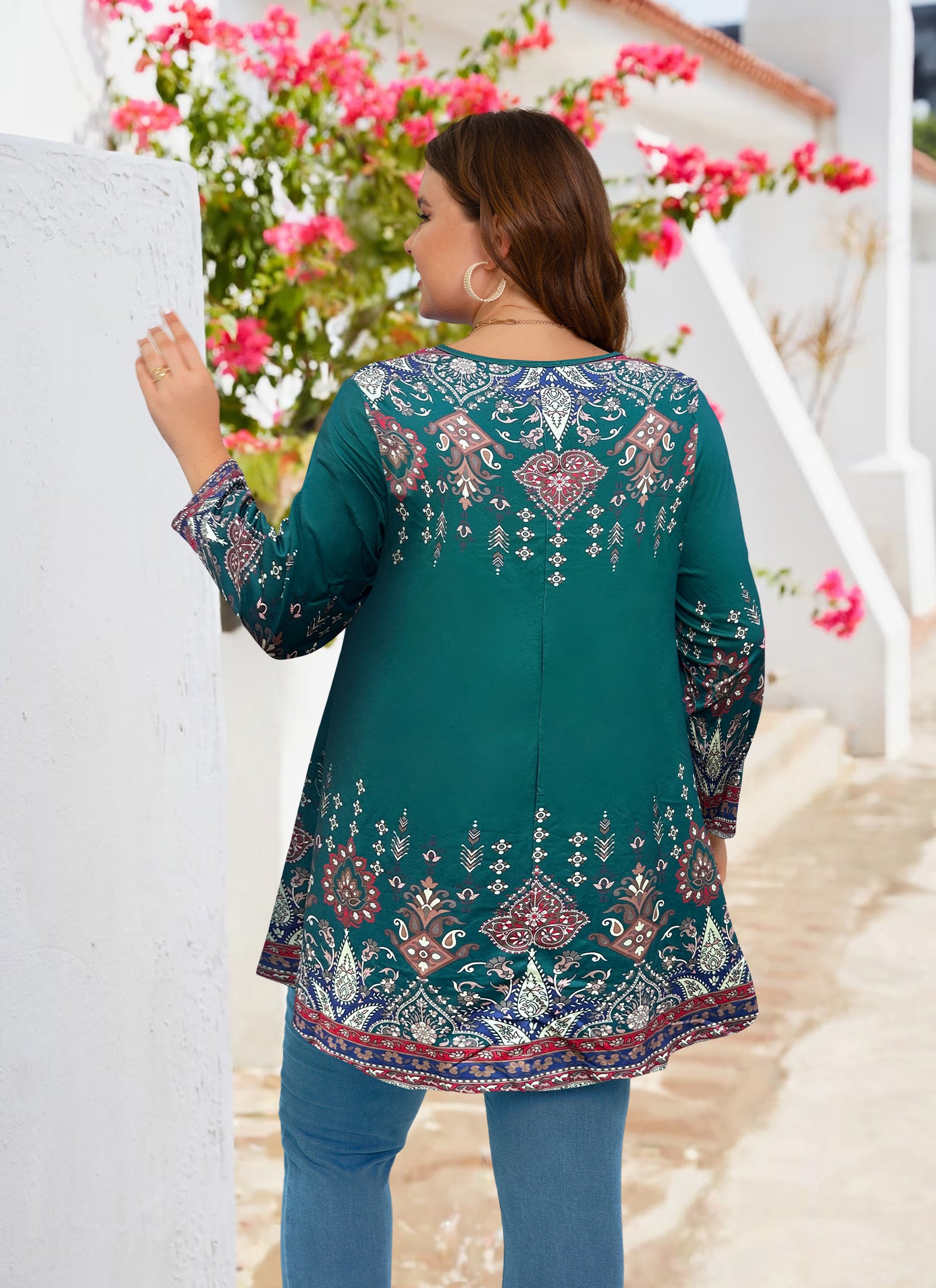 Womens Tunic 3/4 Sleeve Plus Size Tops Crew Neck Swing Flowy Loose Fit T-Shirt Blouses to Wear with Leggings