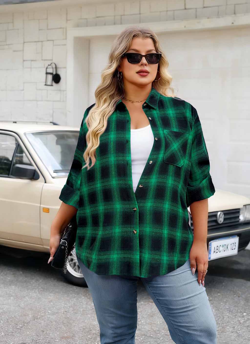 Womens Plus Size Flannel Shirts Long Sleeve Button Down Plaid Shirt Roll Up Oversize Checkered Blouse Top Fall