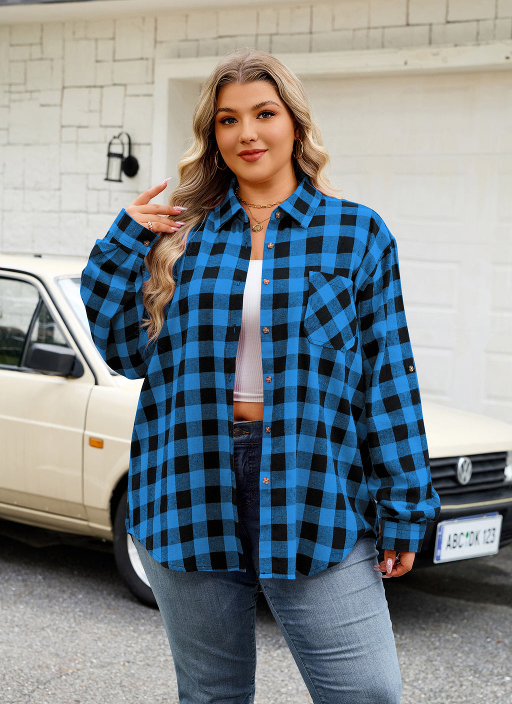 Womens Plus Size Flannel Shirts Long Sleeve Button Down Plaid Shirt Roll Up Oversize Checkered Blouse Top Fall