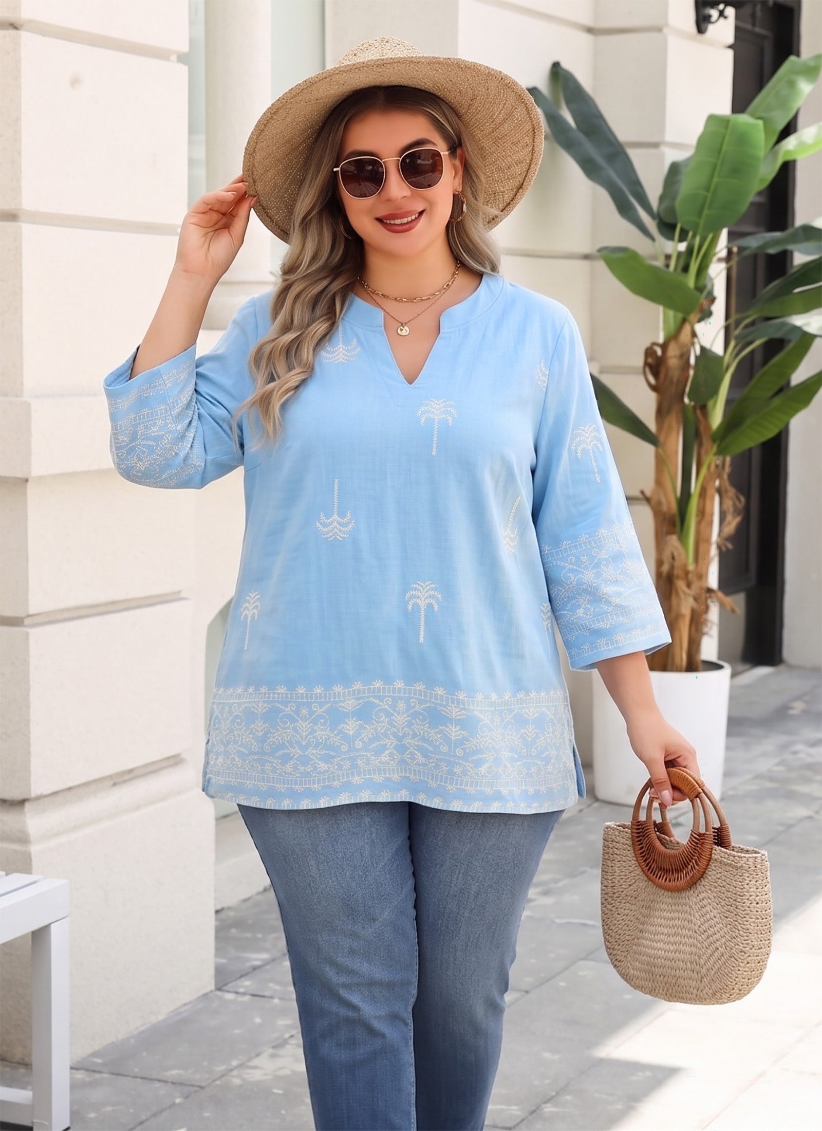 Plus Size Tops 3/4 Sleeve Boho Blouses Dressy Casual V Neck Tunic Loose Fit Floral Peasant Shirts