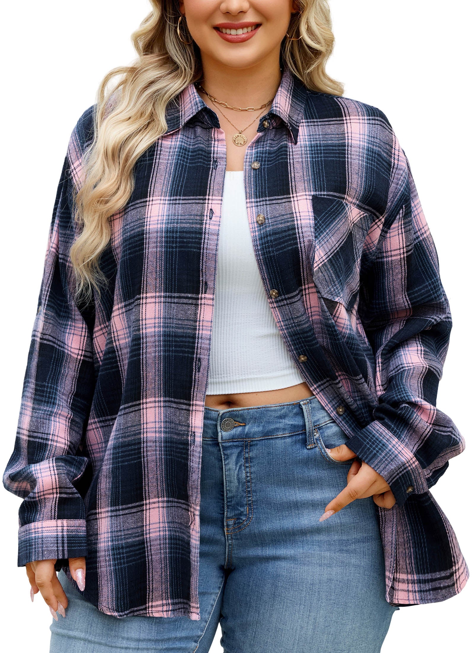 Womens Plus Size Flannel Shirts Long Sleeve Button Down Plaid Shirt Roll Up Oversize Checkered Blouse Top Fall