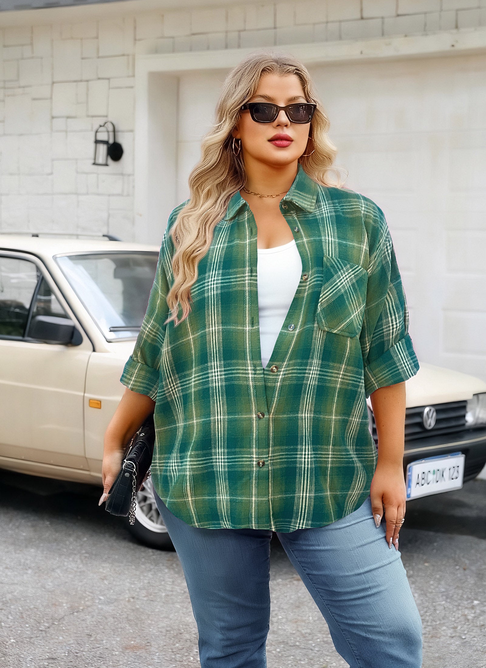Womens Plus Size Flannel Shirts Long Sleeve Button Down Plaid Shirt Roll Up Oversize Checkered Blouse Top Fall