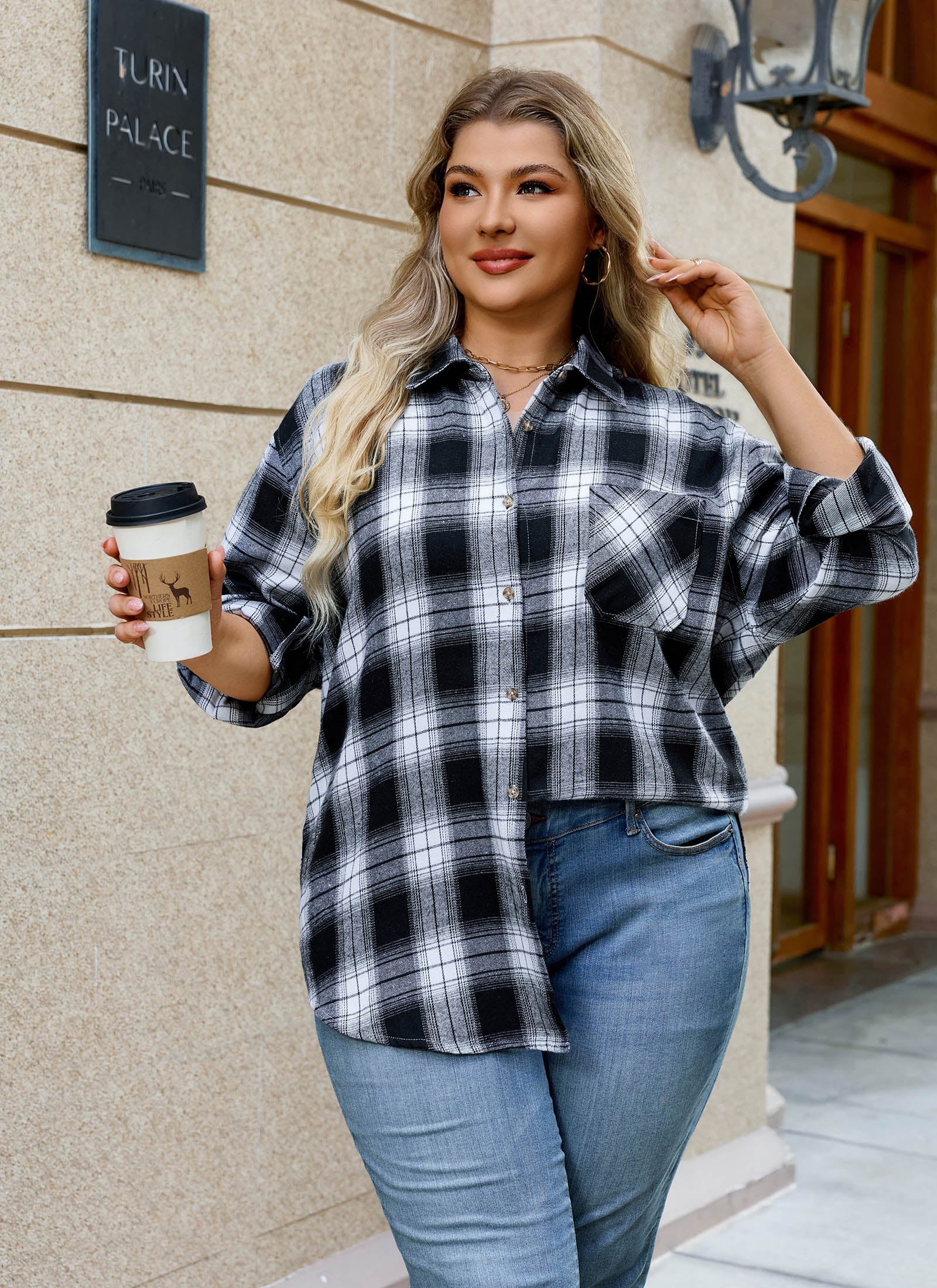 Womens Plus Size Flannel Shirts Long Sleeve Button Down Plaid Shirt Roll Up Oversize Checkered Blouse Top Fall
