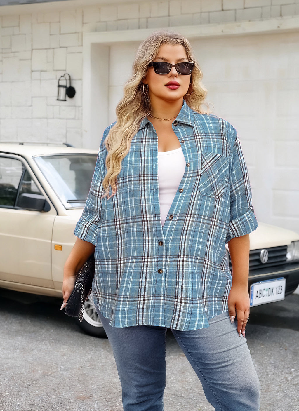 Womens Plus Size Flannel Shirts Long Sleeve Button Down Plaid Shirt Roll Up Oversize Checkered Blouse Top Fall