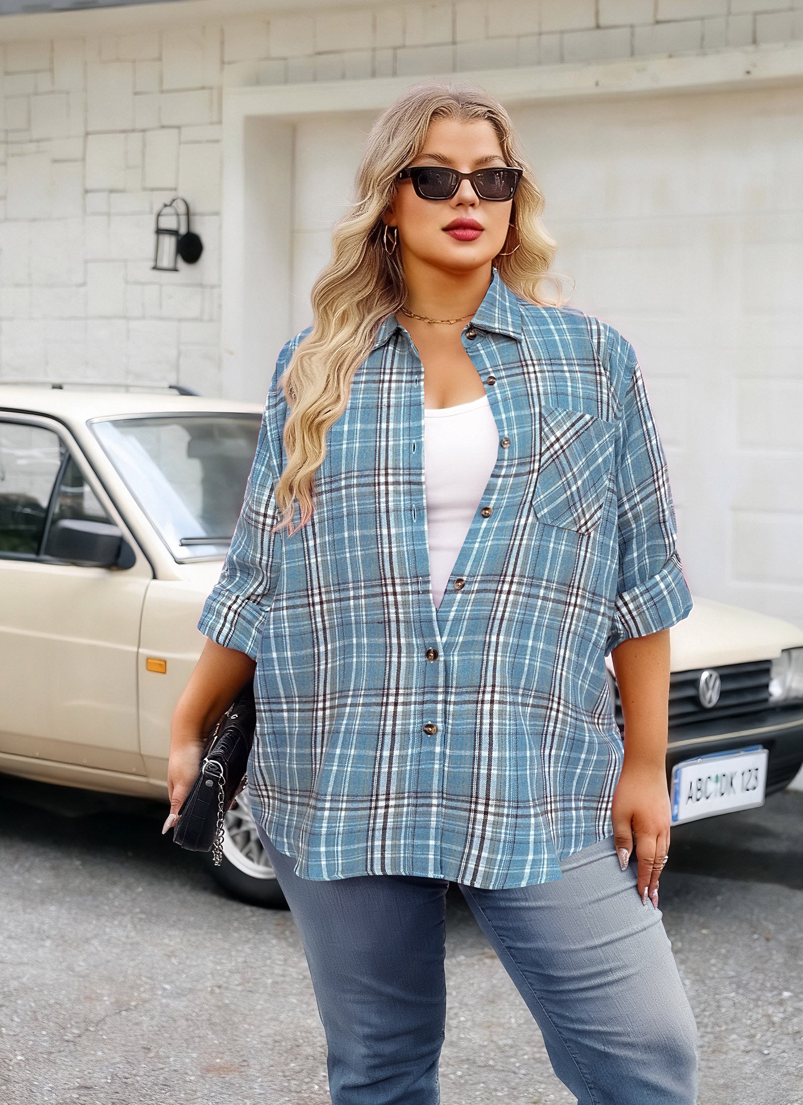 Womens Plus Size Flannel Shirts Long Sleeve Button Down Plaid Shirt Roll Up Oversize Checkered Blouse Top Fall