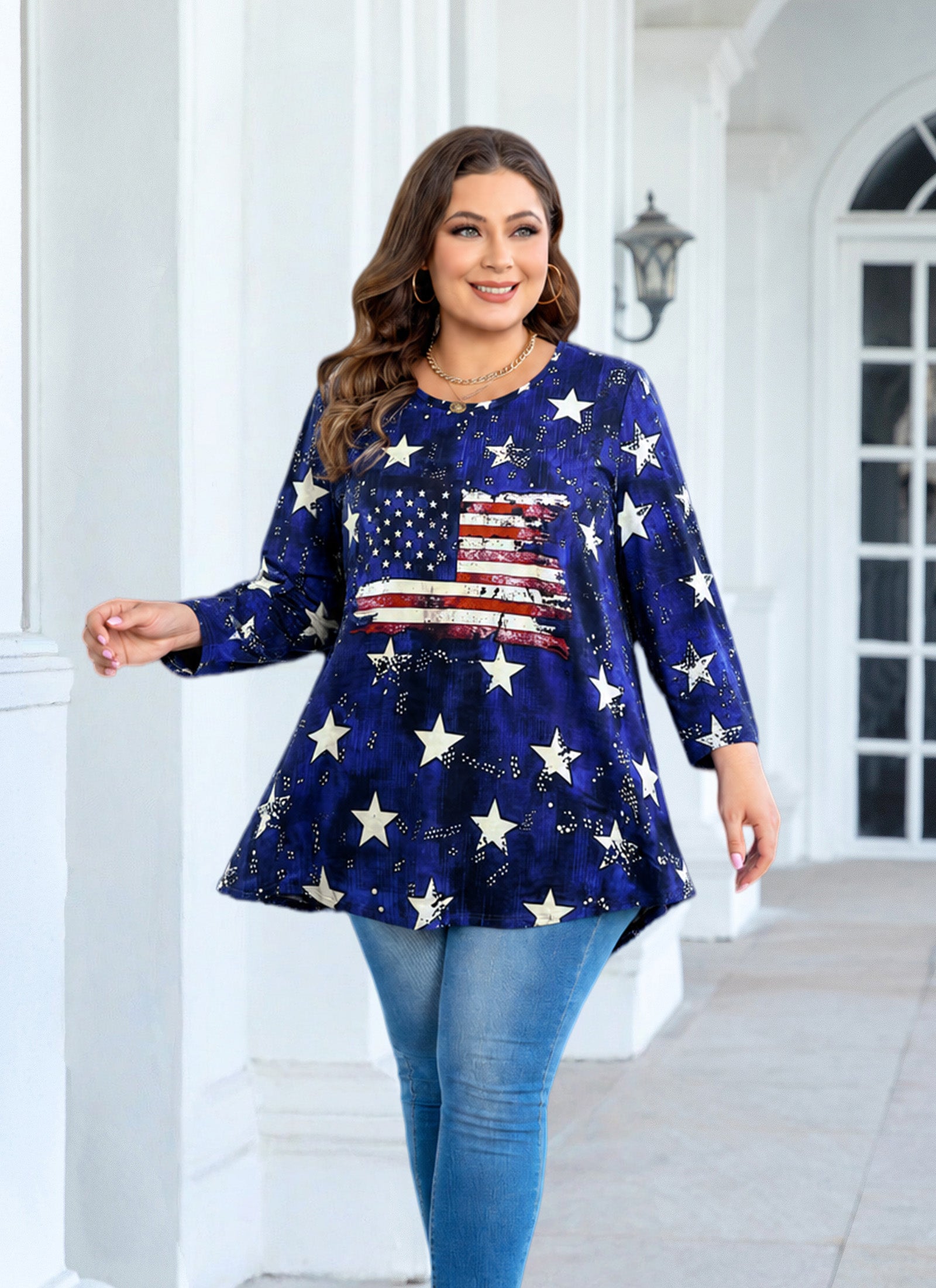 Women's Plus Size American Flag Swing Tunic Top | 3/4 Sleeve