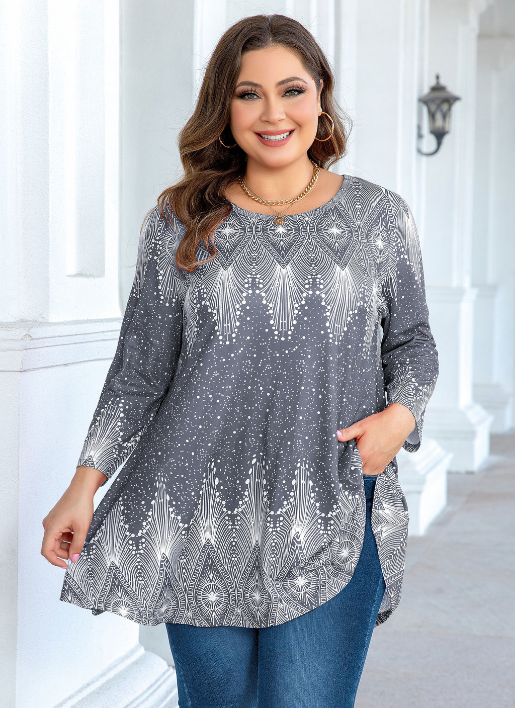 Tunic Tops for Women Plus Size 3/4 Sleeve Crew Neck Swing Flare Loose T-Shirt Blouses to Wear with Leggings