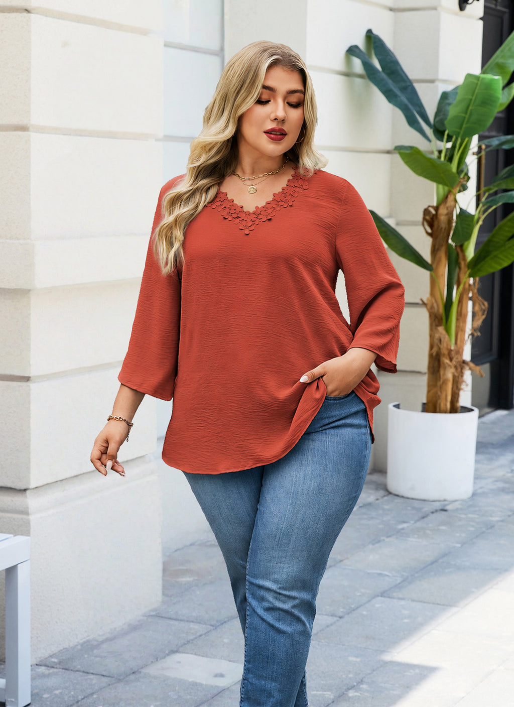 Womens Plus Size Blouses Dressy Casual 3/4 Sleeve Elegant V Neck Floral Trim Ladies Tunics Tops