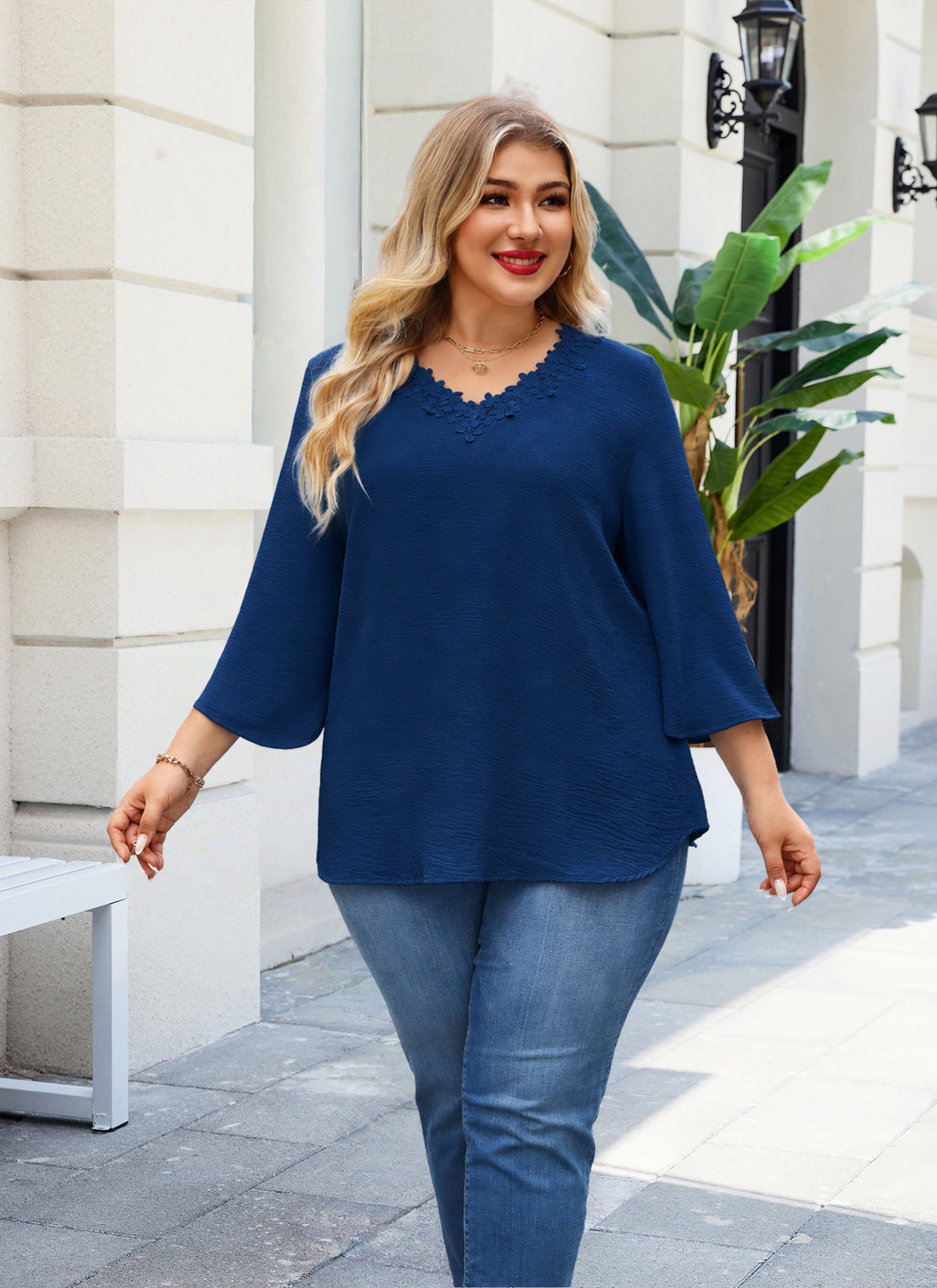 Womens Plus Size Blouses Dressy Casual 3/4 Sleeve Elegant V Neck Floral Trim Ladies Tunics Tops