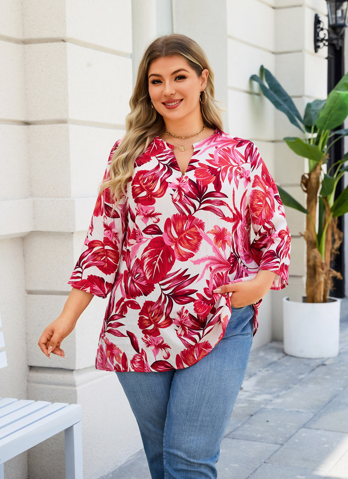 Plus Size Tops 3/4 Sleeve Boho Blouses Dressy Casual V Neck Tunic Loose Fit Floral Peasant Shirts