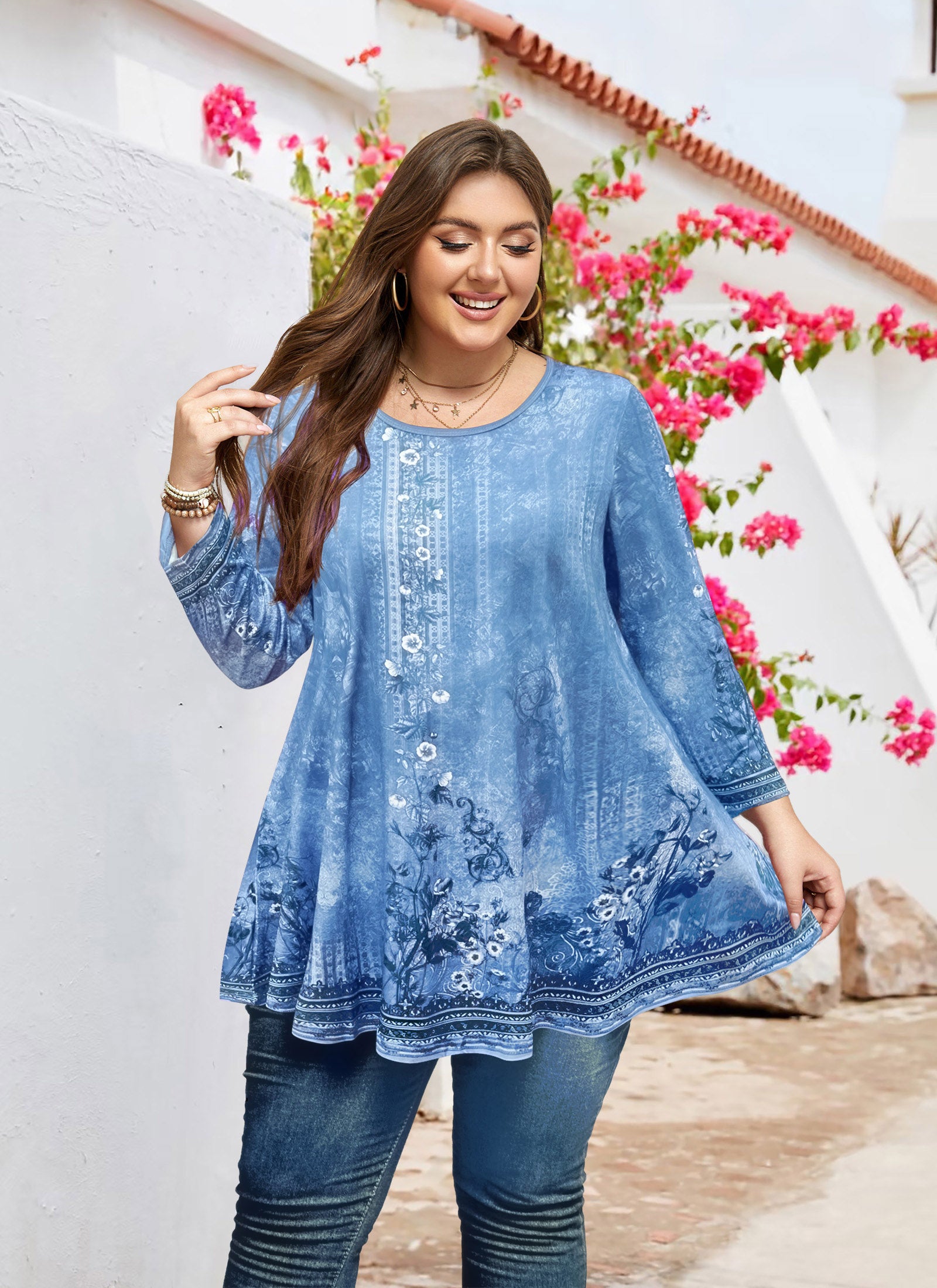 Women's Plus Size Swing Tunic Top | 3/4 Sleeve Flowy Blouse