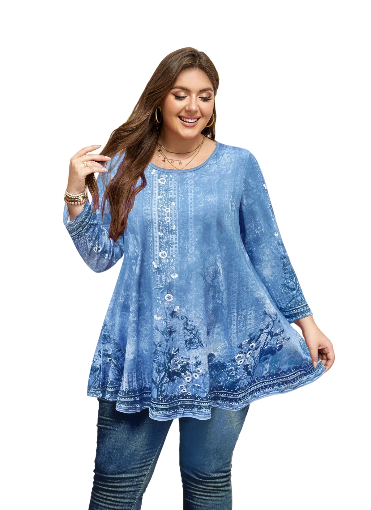 Women's Plus Size Swing Tunic Top | 3/4 Sleeve Flowy Blouse