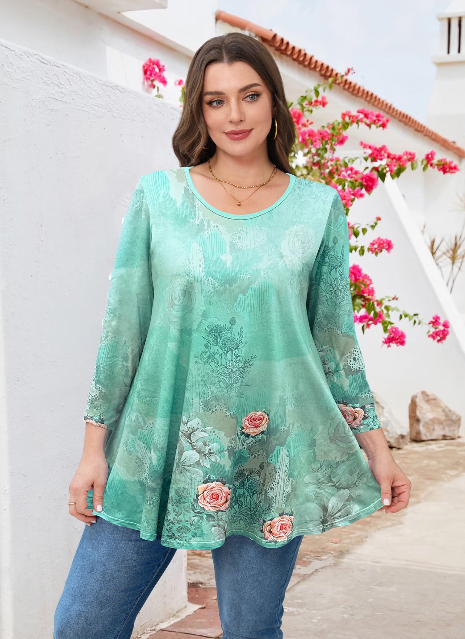 Womens Tunic Tops 3/4 Sleeve Plus Size Crew Neck Swing Flare Loose Fit T-Shirt Blouses to Wear with Leggings