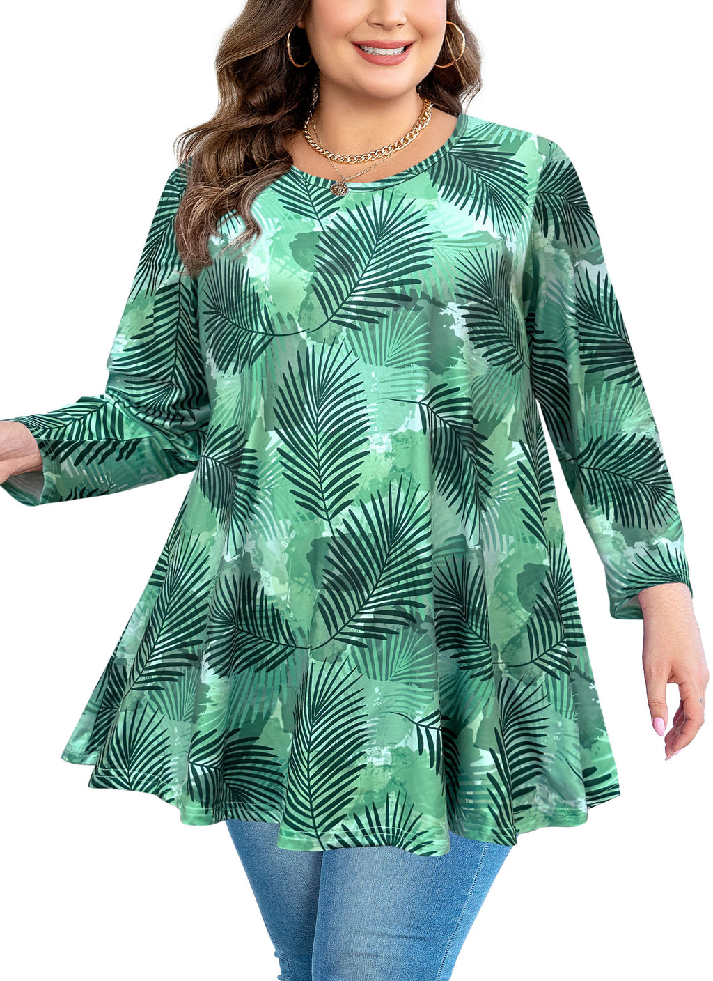 Tunic Tops for Women Plus Size 3/4 Sleeve Crew Neck Swing Flare Loose T-Shirt Blouses to Wear with Leggings