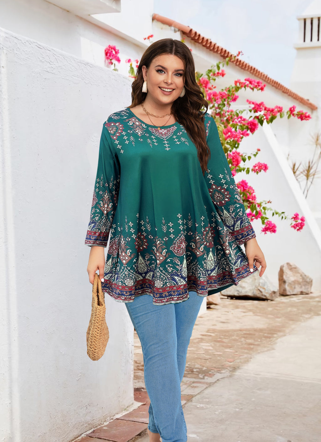 Womens Tunic 3/4 Sleeve Plus Size Tops Crew Neck Swing Flowy Loose Fit T-Shirt Blouses to Wear with Leggings