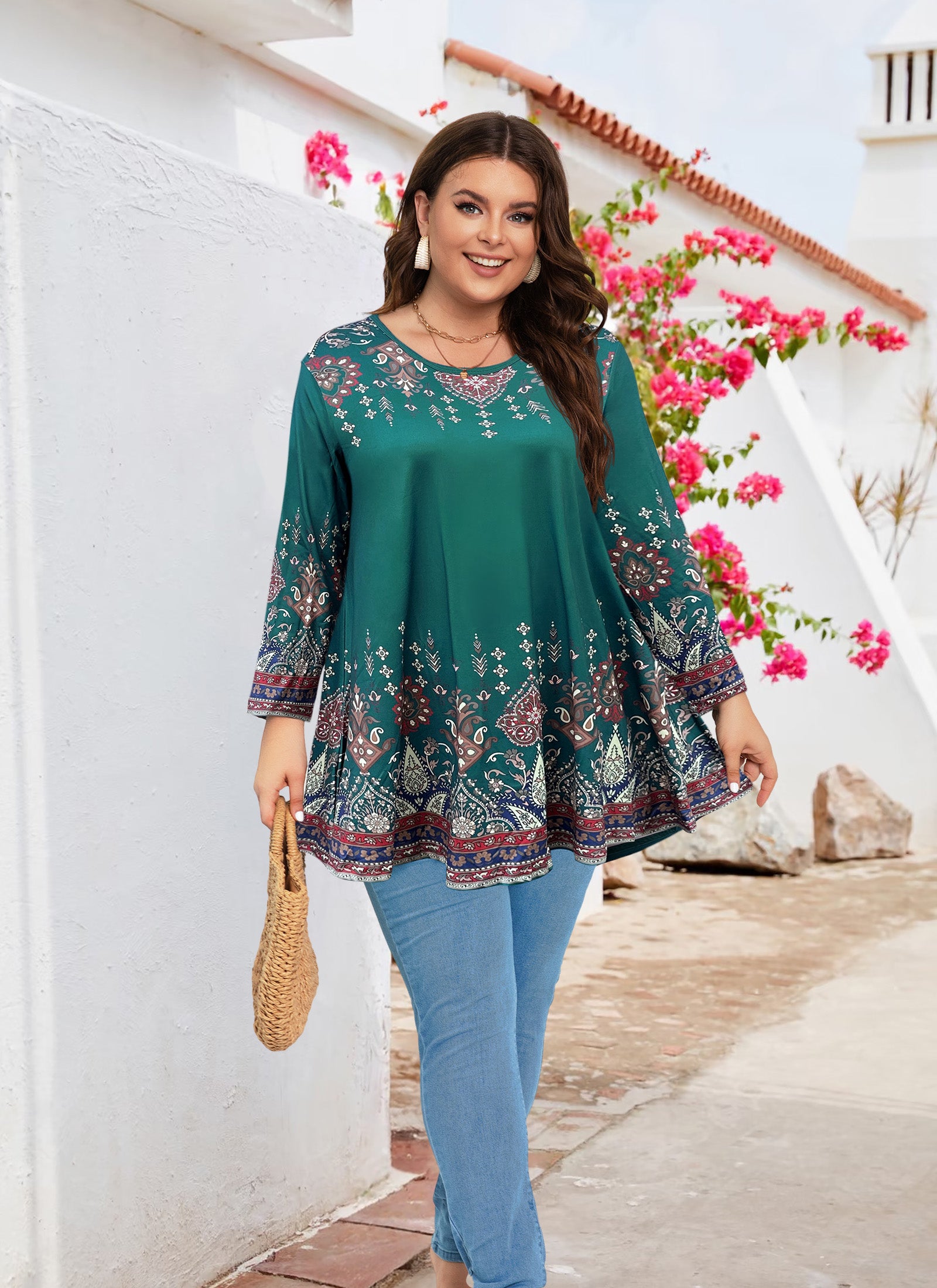 Womens Tunic 3/4 Sleeve Plus Size Tops Crew Neck Swing Flowy Loose Fit T-Shirt Blouses to Wear with Leggings