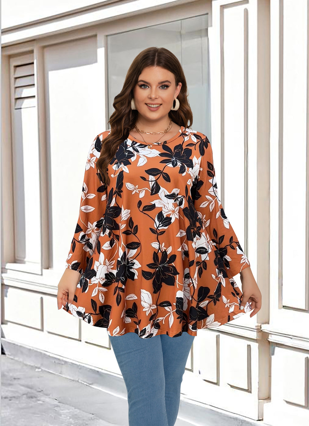 Womens Tunic 3/4 Sleeve Plus Size Tops Crew Neck Swing Flowy Loose Fit T-Shirt Blouses to Wear with Leggings