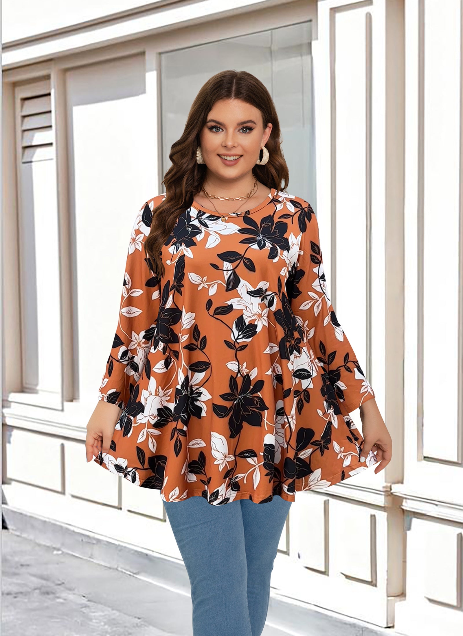 Womens Tunic 3/4 Sleeve Plus Size Tops Crew Neck Swing Flowy Loose Fit T-Shirt Blouses to Wear with Leggings