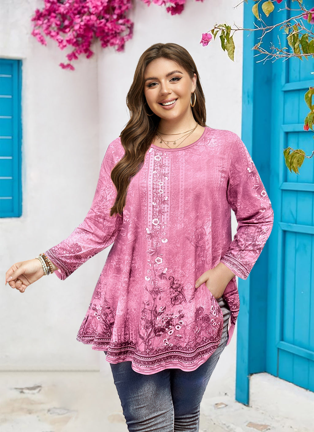 Women's Plus Size Swing Tunic Top | 3/4 Sleeve Flowy Blouse