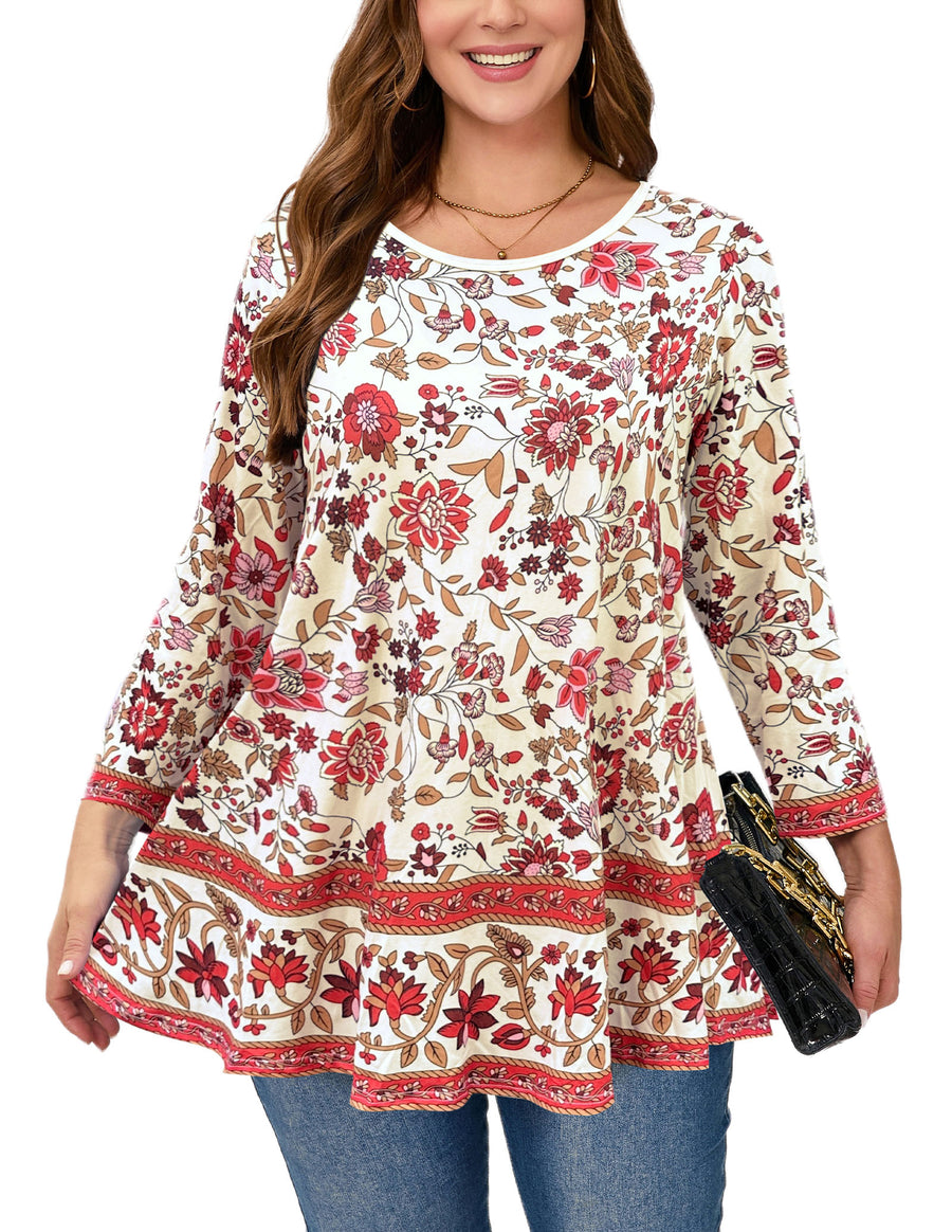 Tunic Tops for Women Plus Size 3/4 Sleeve Crew Neck Swing Flare Loose T-Shirt Blouses to Wear with Leggings
