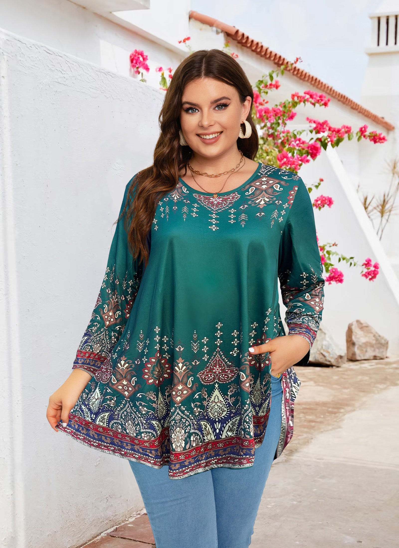 Womens Tunic 3/4 Sleeve Plus Size Tops Crew Neck Swing Flowy Loose Fit T-Shirt Blouses to Wear with Leggings