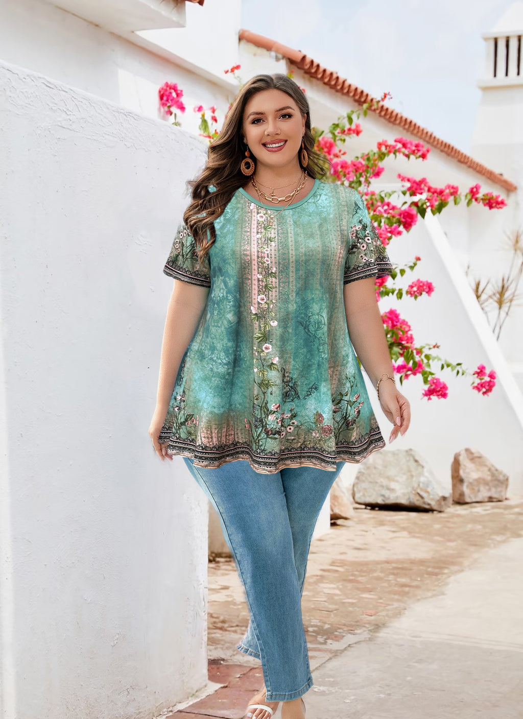 Tunic Tops for Women Plus Size Short Sleeve Crew Neck Swing Flare Loose T-Shirt Blouses to Wear with Leggings