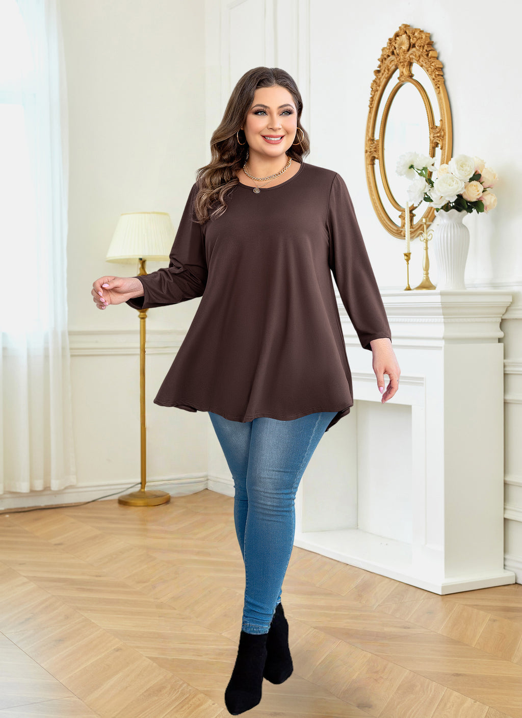 Womens Tunic Tops 3/4 Sleeve Plus Size Crew Neck Swing Flare Loose Fit T-Shirt Blouses to Wear with Leggings
