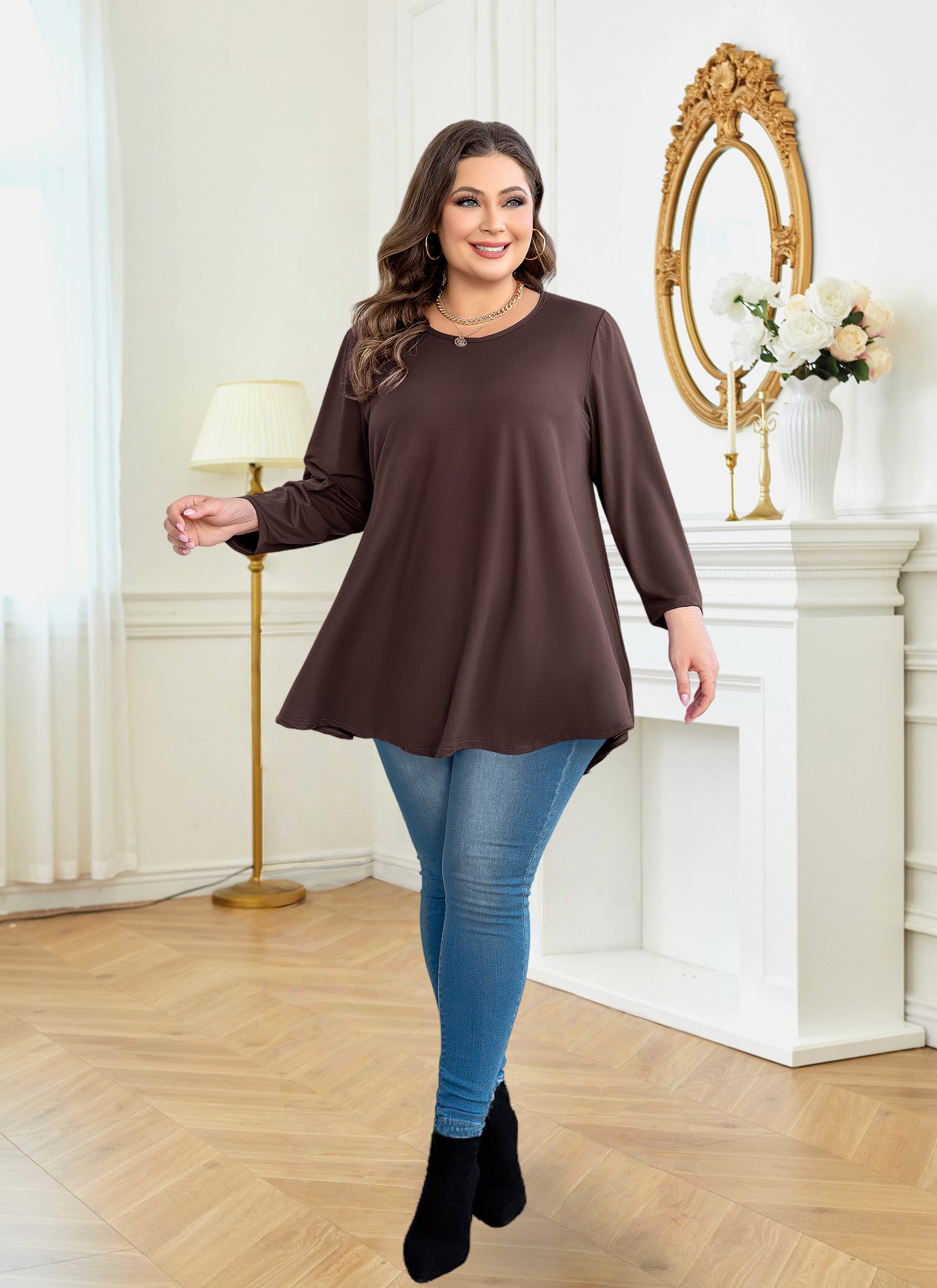 Womens Tunic Tops 3/4 Sleeve Plus Size Crew Neck Swing Flare Loose Fit T-Shirt Blouses to Wear with Leggings
