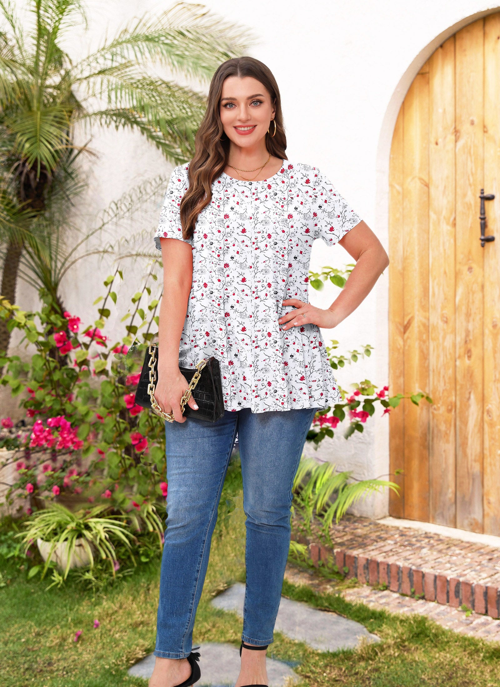 Tunic Tops for Women Plus Size Short Sleeve Crew Neck Swing Flare Loose T-Shirt Blouses to Wear with Leggings