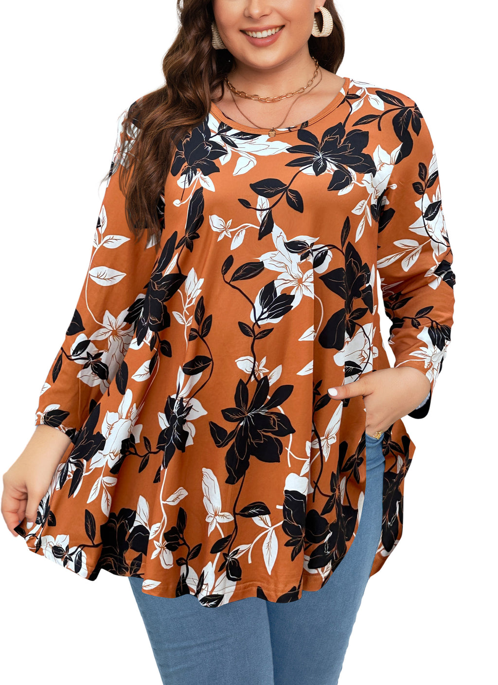 Womens Tunic 3/4 Sleeve Plus Size Tops Crew Neck Swing Flowy Loose Fit T-Shirt Blouses to Wear with Leggings