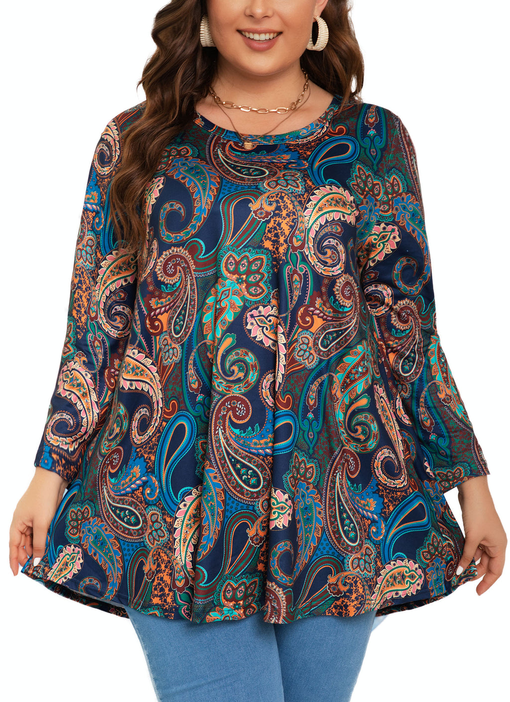 Womens Tunic Tops 3/4 Sleeve Plus Size Crew Neck Swing Flare Loose Fit T-Shirt Blouses to Wear with Leggings