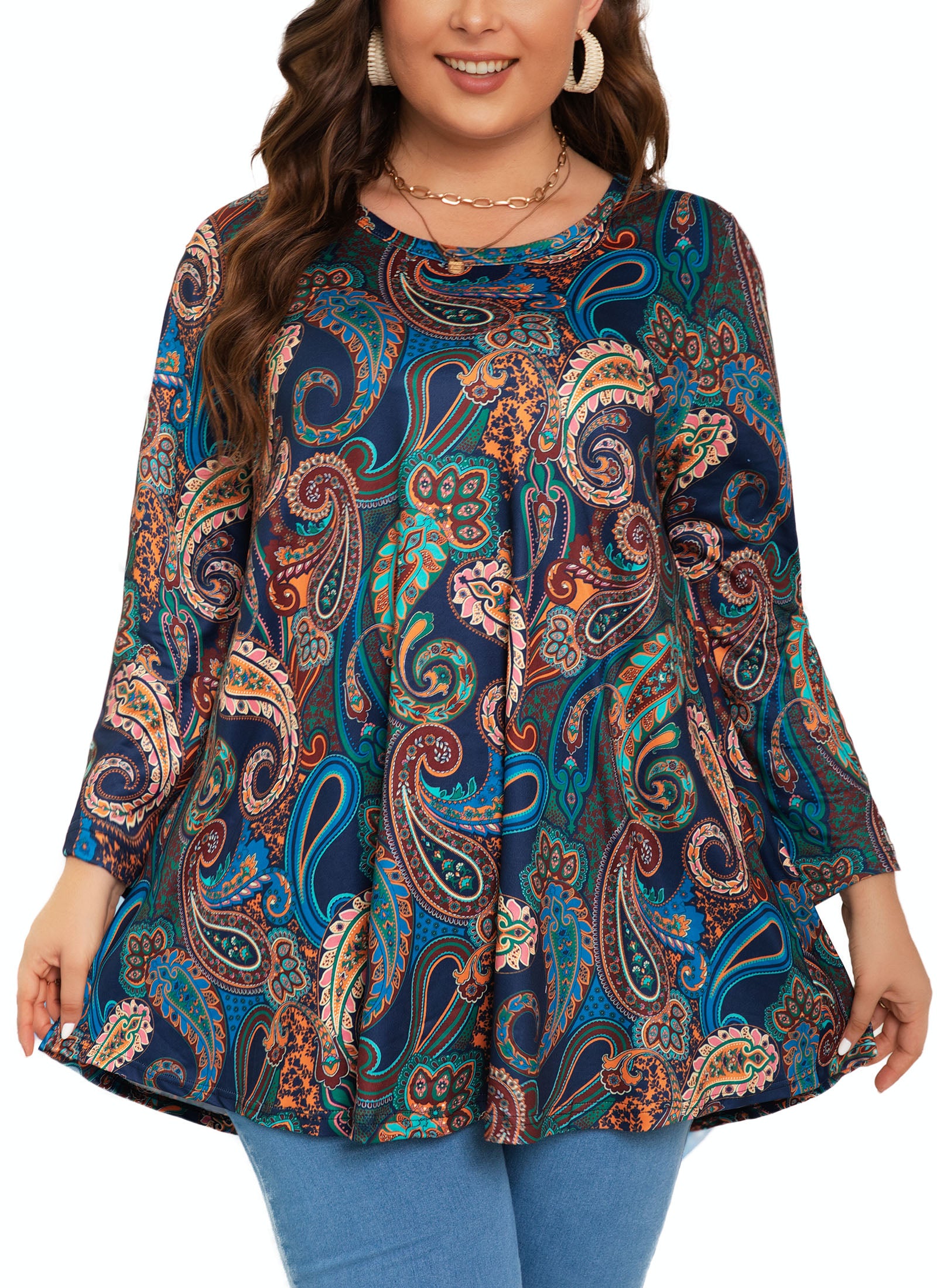 Womens Tunic Tops 3/4 Sleeve Plus Size Crew Neck Swing Flare Loose Fit T-Shirt Blouses to Wear with Leggings