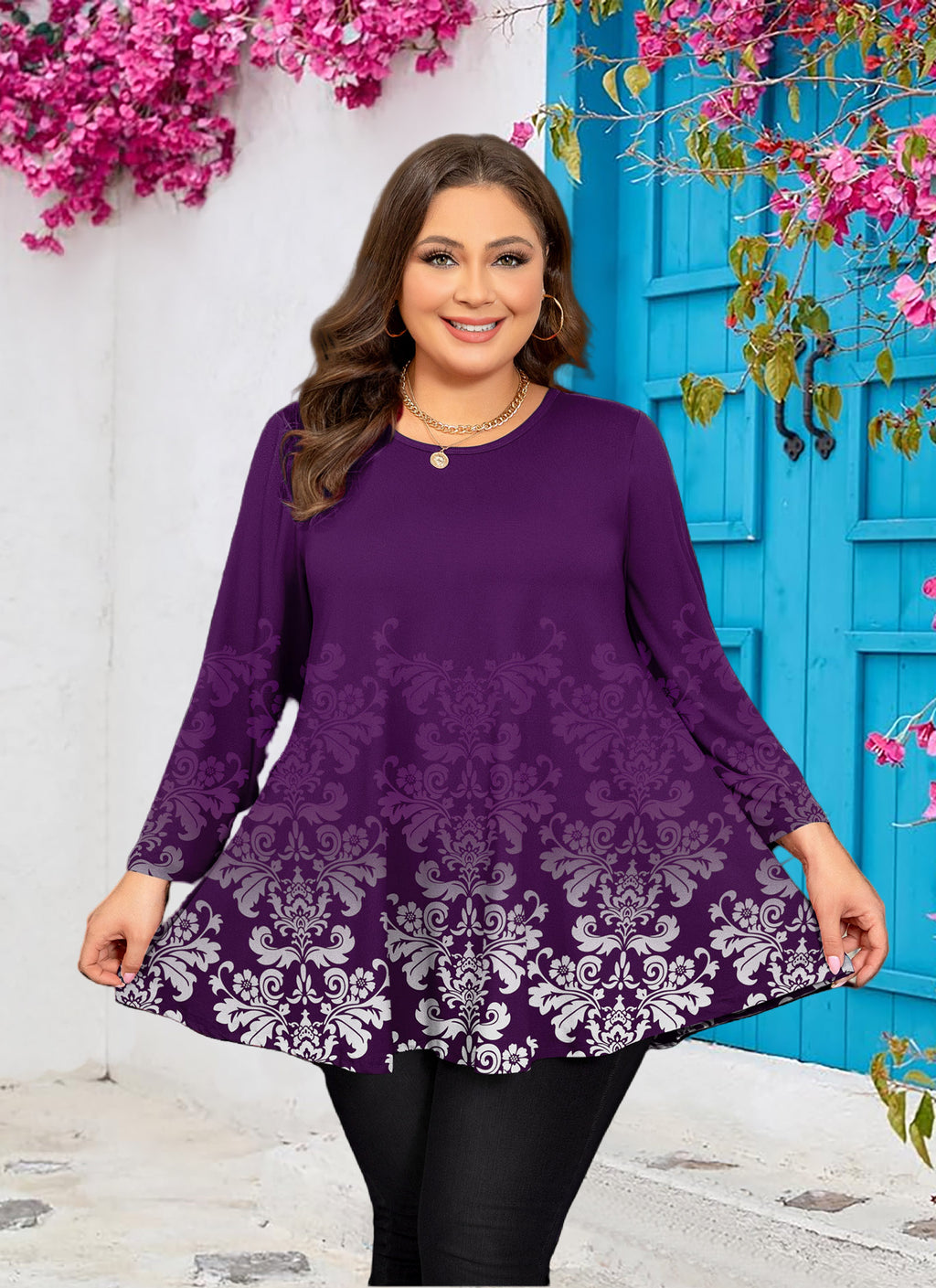Womens Tunic 3/4 Sleeve Plus Size Tops Crew Neck Swing Flowy Loose Fit T-Shirt Blouses to Wear with Leggings
