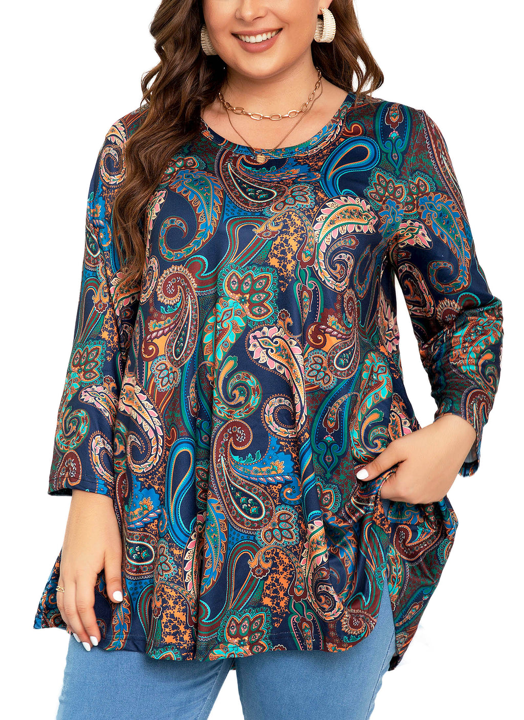 Womens Tunic Tops 3/4 Sleeve Plus Size Crew Neck Swing Flare Loose Fit T-Shirt Blouses to Wear with Leggings