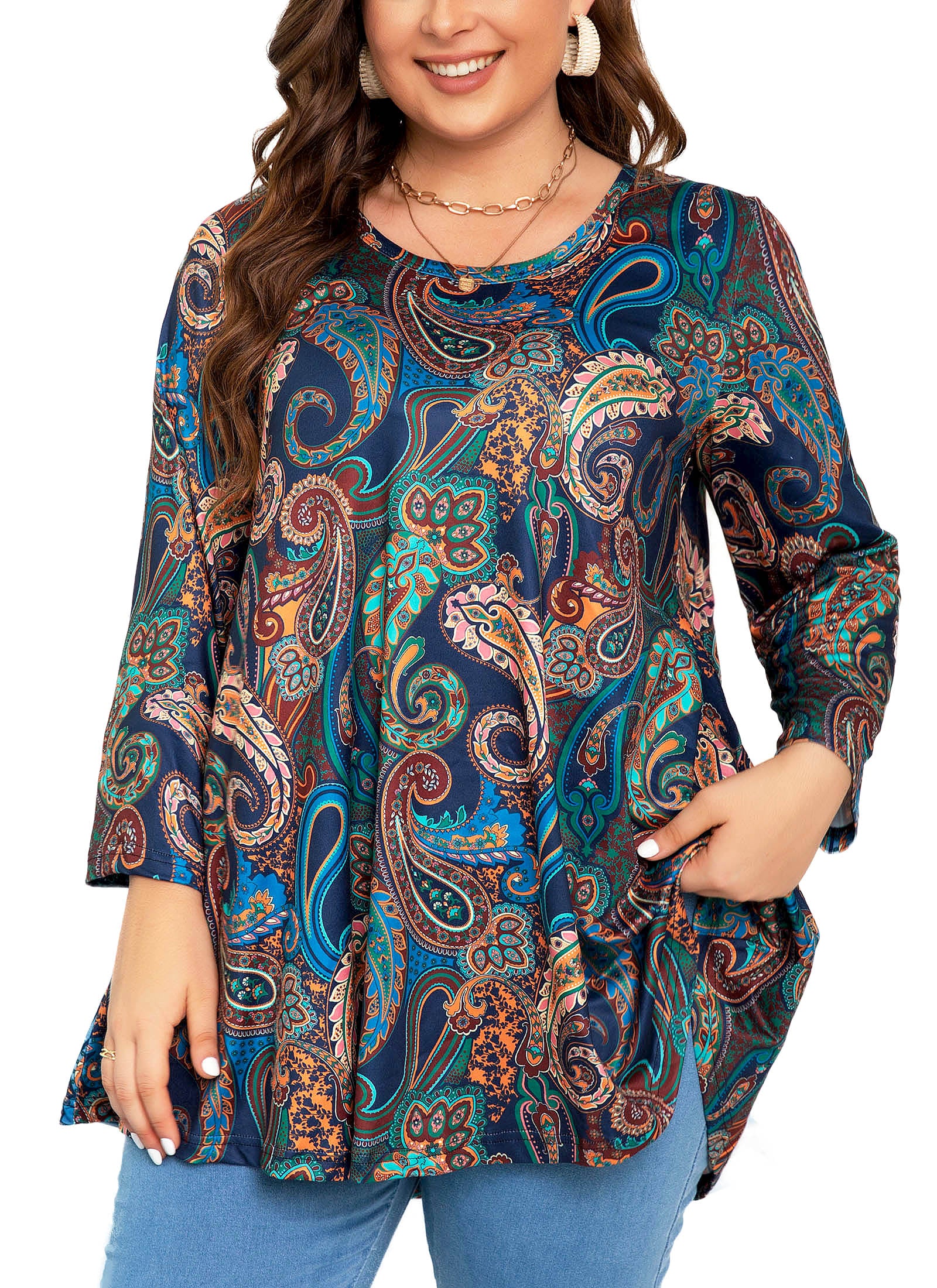 Womens Tunic Tops 3/4 Sleeve Plus Size Crew Neck Swing Flare Loose Fit T-Shirt Blouses to Wear with Leggings