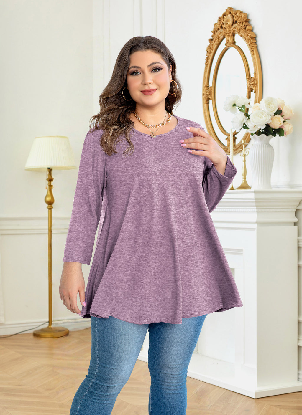 Womens Tunic 3/4 Sleeve Plus Size Tops Crew Neck Swing Flowy Loose Fit T-Shirt Blouses to Wear with Leggings