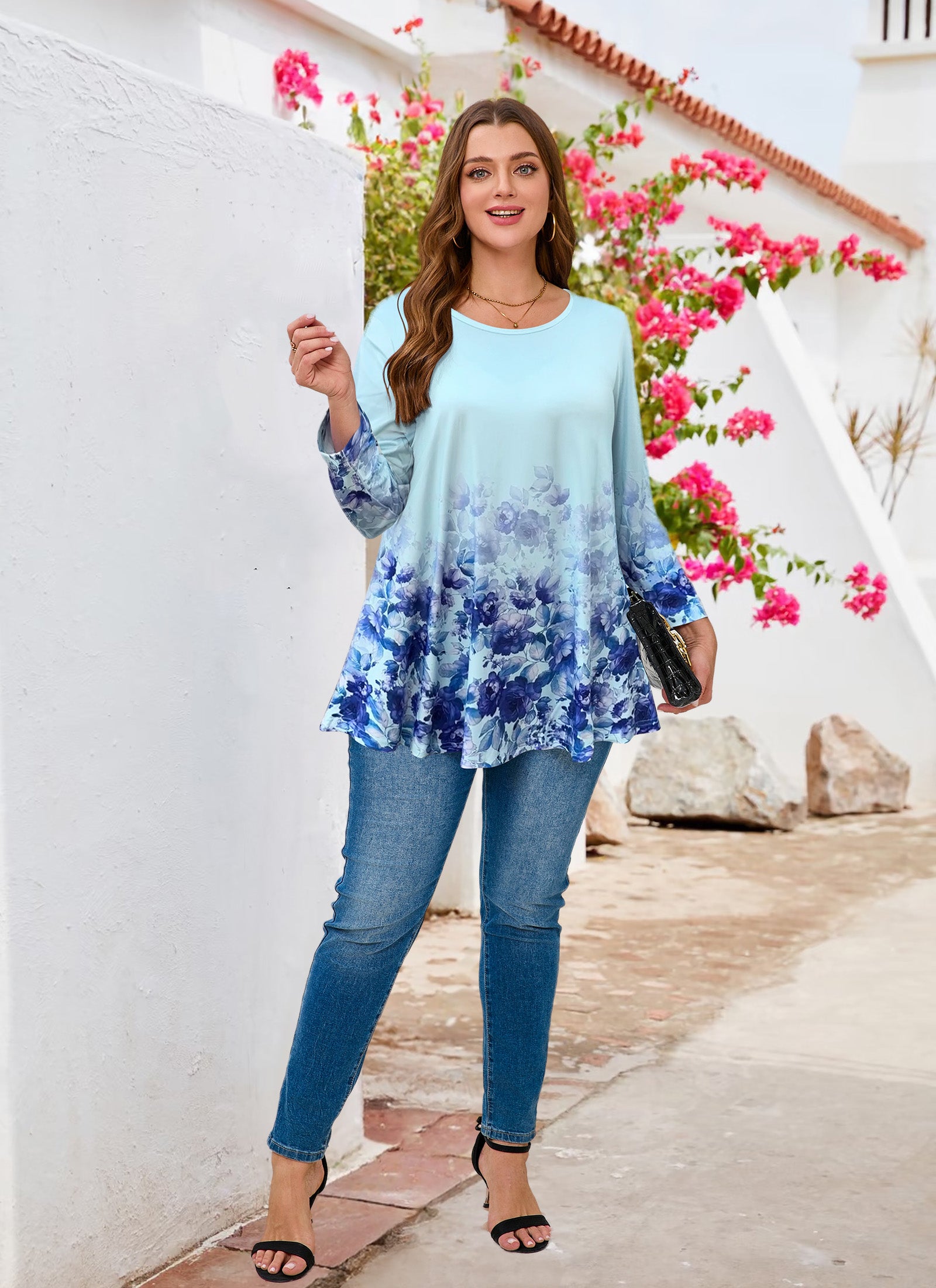 Tunic Tops for Women Plus Size 3/4 Sleeve Crew Neck Swing Flare Loose T-Shirt Blouses to Wear with Leggings
