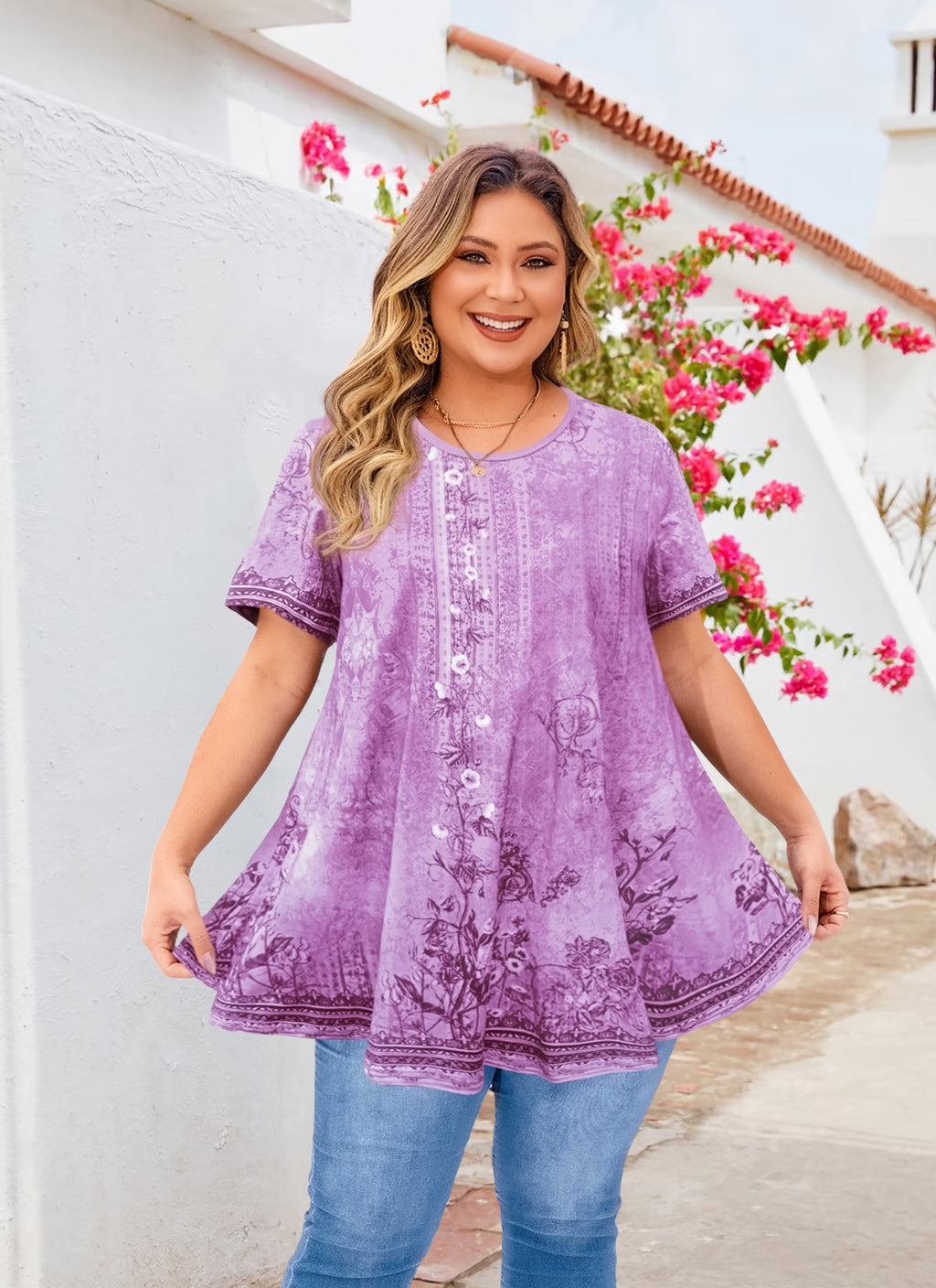 Womens Plus Size Tops Short Sleeve Swing Flare Flowy Tunic Loose Fit Summer Casual Blouses to Wear with Leggings