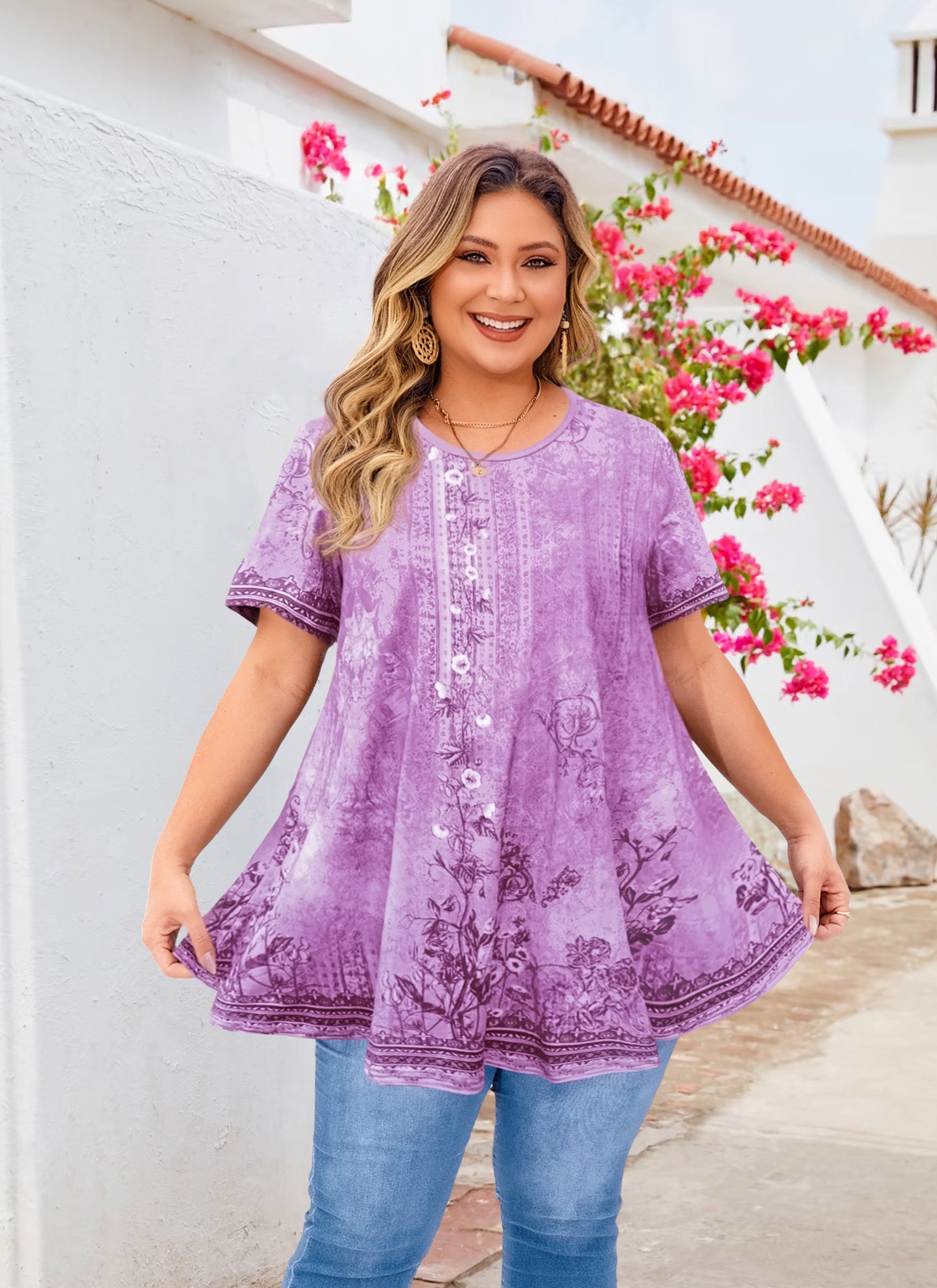 Womens Plus Size Tops Short Sleeve Swing Flare Flowy Tunic Loose Fit Summer Casual Blouses to Wear with Leggings