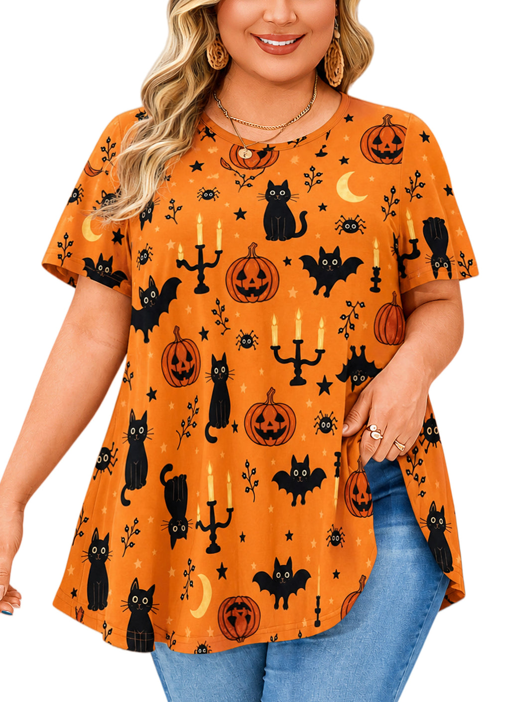 Tunic Tops for Women Plus Size Short Sleeve Crew Neck Swing Flare Loose T-Shirt Blouses to Wear with Leggings