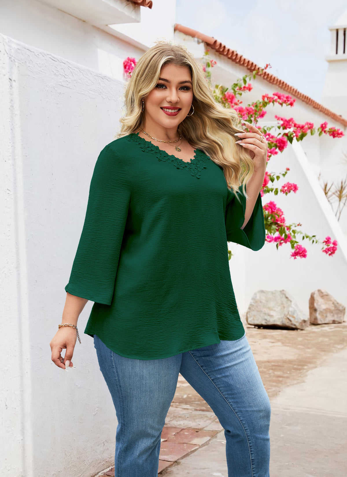 Womens Plus Size Blouses Dressy Casual 3/4 Sleeve Elegant V Neck Floral Trim Ladies Tunics Tops
