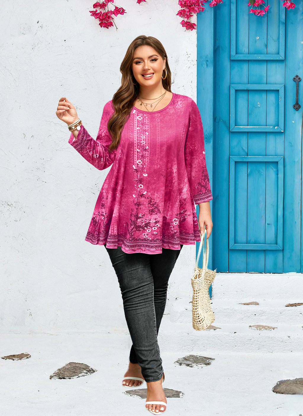 Womens Tunic 3/4 Sleeve Plus Size Tops Crew Neck Swing Flowy Loose Fit T-Shirt Blouses to Wear with Leggings